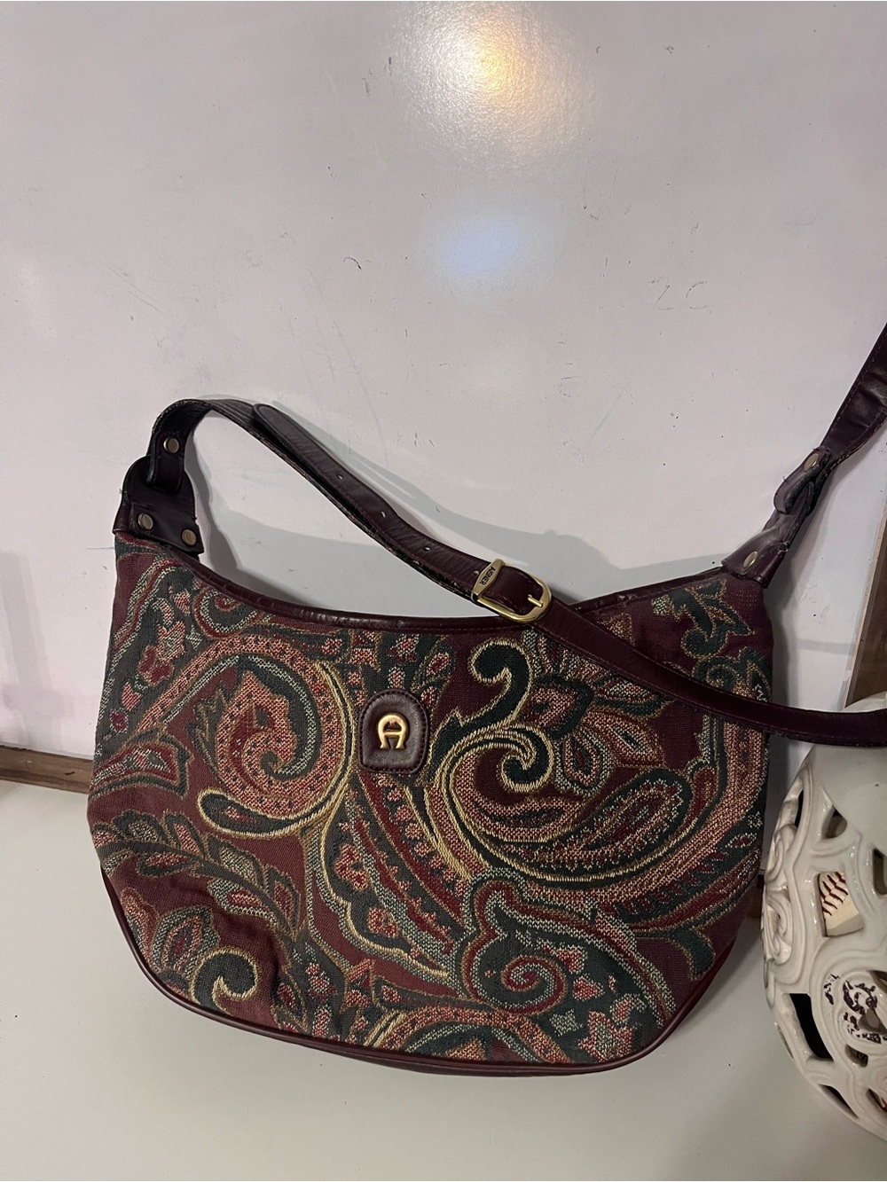 Vtg Etienne Aigner Burgundy and Forest Green Paisley Tapestry Shoulder Bag